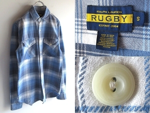 希少 廃盤ライン RALPH LAUREN RUGBY ラルフローレン ラグビー チェックシャツ ネルシャツ ワークシャツ S 青 紺 白 RN41381正規品 USA企画