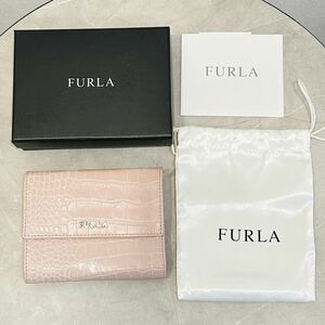 ◇FURLA フルラ クロコ風 型押し 三つ折り財布 コンパクトウォレットレザー ピンク◇