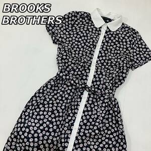 【BROOKS BROTHERS】ブルックスブラザーズ フラワー 花柄 クレリックカラー シャツ ワンピース 半袖 紺色 ネイビー 定価14000円