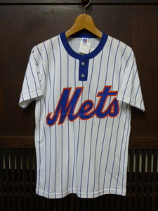 USA古着　90s RUSSELL Tシャツ M Mets デッドストック ヘンリーネック ストライプ スポーツ ユニホーム 半袖 