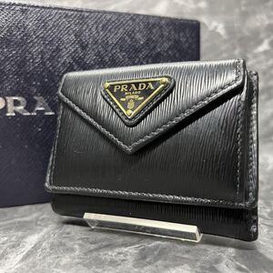 ■極美品/RFID搭載■ PRADA プラダ 三つ折り財布 コンパクト ウォレット ミニ 三角ロゴプレート ゴールド金具 サフィアーノレザー 本革 黒