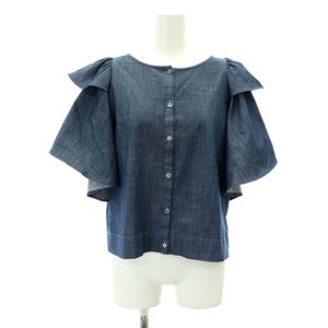 スリードッツ three dots Dungaree short sleeve shirt ブラウス 半袖 フレア シャンブレー生地 S 紺 ネイビー /AT ■OS レディース