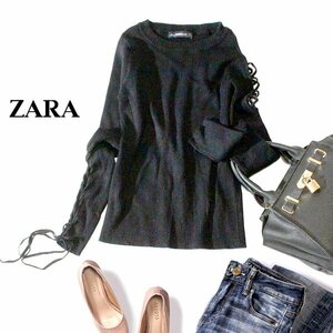 美品 ZARA KNIT ザラ ニット 可愛い 編上げ カットショルダー ☆ レーヨン ストレッチ ニット プルオーバー S 春 秋 合服 24B01