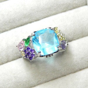 再入荷★新品★最高級の逸品 16号 約6.37ct マルチカラーCZダイヤモンドリング お花 シルバー925 プラチナ仕上 ジルコニア レディース