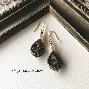 ◎ハンドメイド◎～Brown Picasso～アンティークティアドロップピアス／イヤリング