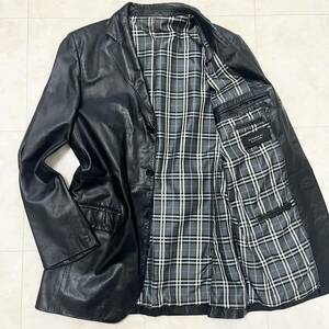 希少Lサイズ!!極美品!!バーバリーブラックレーベル レザーテーラードジャケット ノバチェック ブラック BURBERRY BLACK LABEL 山羊革