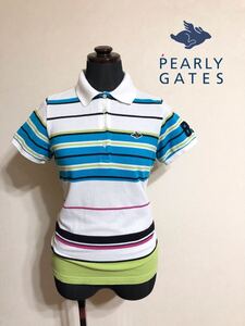 PEARLY GATES GOLF パーリーゲイツ ゴルフ レディース ウェアー ボーダー 鹿の子 ドライ ポロシャツ トップス サイズ1 半袖 綿 055-6160538