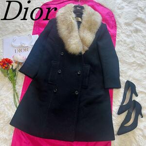 【良品】Christian Dior ファー襟コート ブラック ロング クリスチャンディオール 黒 ダブルボタン ビンテージ vintage