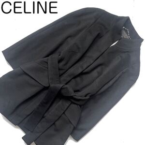 【送料無料】celine セリーヌ　カシミヤ ベルト付　ロングコート フリル　プリーツ　黒　ブラック　レディース　カシミア Aライン　冬