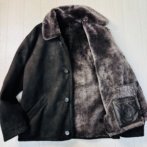 良品/54 XXL相当★ロエベ/LOEWE 羊毛皮 ムートン コート ジャケット 裏ボア 光沢起毛 アウター 肉厚極暖 ロゴ型押し メンズ 黒系