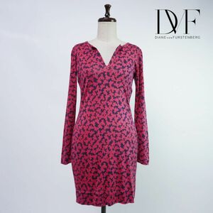 美品 DIANE von FURSTENBERG ダイアンフォンファステンバーグ シルク 総柄 キーネック長袖ワンピース レディース ピンク サイズ2*RC360