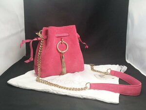 未使用！JIMMY CHOO ジミーチュウ スウェード ピンク 巾着 CALLIE DRAWSTRING/S チェーン付き バケットバッグ ショルダーバッグ 保存袋付