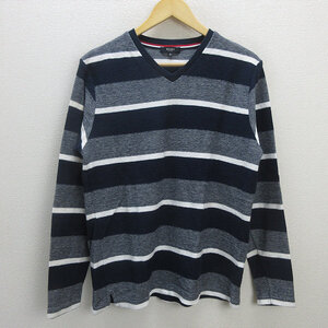 D■ビームス/BEAMS ボーダー柄 長袖ニット/Vネック【XL】紺/MENS/65【中古】