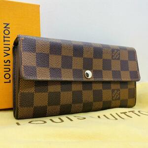 R436 未使用級 ルイヴィトン ダミエ トレゾール ２つ折り財布 長財布 レザー ダークブラウン LOUIS VUITTON