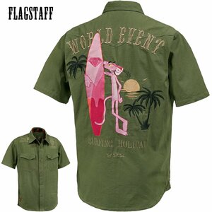 432044-85 ピンクパンサー PINK PANTHER ワークシャツ リップストップ mens メンズ サーフボード 半袖シャツ(カーキ緑) FLAG STAFF XL