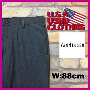 BP3-339★W88センチ位★USA買付品★状態良好【VAN HEUSEN】チェックパターン ノータック スラックスパンツ【W34 メンズ L】グレー ゴルフ