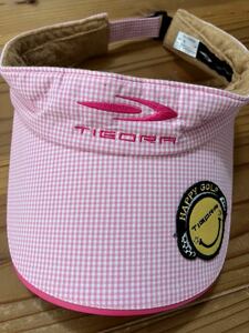 送料込み！TIGORA ゴルフサンバイザー ギンガムチェック ピンク ティゴラ スマイルワッペン GOLF ゴルフウェア 帽子