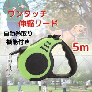 伸縮リード 犬用 緑 グリーン 自動巻き取り ロック付き 5ｍ 散歩 ペット用品