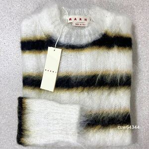 国内正規品 未使用同様 22AW～23 52（L〜XL） MARNI マルニ モヘヤ クルーネック ニット セーター ホワイト×ブラック ボーダー タグ