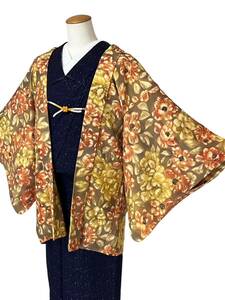 羽織 花文様 和装コート 着物用コート 中古 仕立て上がり リサイクル着物 きもの 着物 カジュアル着物 kimono 裄64cm