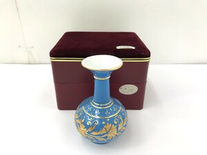 【同梱不可】【80】中古品 chez galip ブルー×ゴールド 葉模様 壺 陶器 全高約15cm 箱付き ※詳細不明