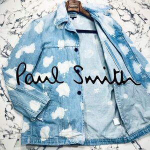 90s/XL相当 ●Paul Smith ポールスミス カバーオール デニム ジャケット 総柄 ペンキ アート クラッシュ 青 スカイブルー インディゴ 空 雲