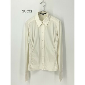 A8923/春夏 GUCCI グッチ コットン 長袖 無地 立体 スリム ドレス カッター Yシャツ ブラウス 42 M程 白 レディース スーツ用 ビジネス