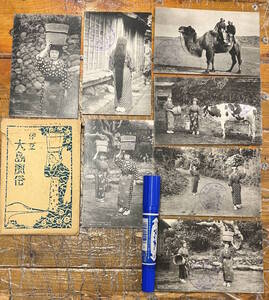 昔の大島★戦前絵葉書 古写真★袋付/7枚★東京 伊豆大島★風俗 女性★水汲み 牛 ラクダ 薪運び 他★下田商店スタンプ★大正後期〜昭和初期