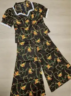 vintage セットアップ ブラウス ワイドパンツ 花柄 パフスリーブ レース