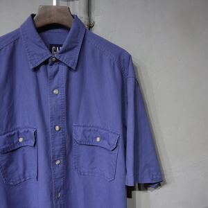 【即決】90s OLD GAP オールドギャップ 半袖 シャツ リネン コットン ブルー 青 旧タグ 無地 古着 M