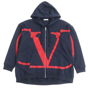 美品□VALENTINO/ヴァレンティノ SV3MF05I5FC Vロゴプリント コットン ジップアップパーカー/フーディー ネイビー XS イタリア製 正規品