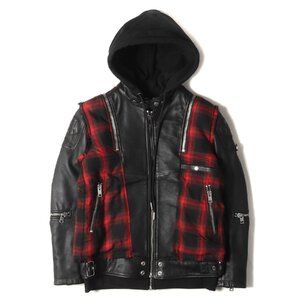 美品 DIESEL ディーゼル ジャケット サイズ:XS 2020年モデル 再構築 フード付き レザー ライダース ジャケット L-NORMAN ブラック レッド