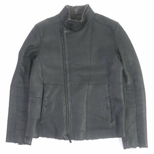 美品□アルマーニコレッツォーニ ラムレザー スタンドカラー WZIP シングル ライダースジャケット ムートンジャケット ブラック 46 正規