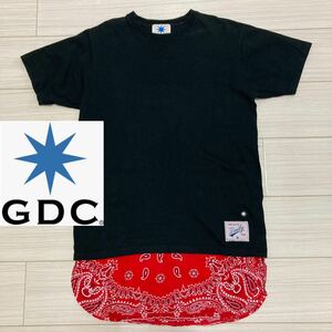 レア◆GDC ジーディーシー◆ペイズリー レイヤードッキング バンダナ Tシャツ M ブラック 黒 赤 半袖 刺繍 ピスネーム オクタゴン 八角星