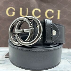 【極美品/最高級】GUCCI グッチ ベルト インターロッキング ガンメタル レザー ブラック 黒 通勤 通学 ビジネス メンズ 紳士 4センチ幅