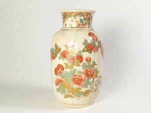 【5756】明治時代　推定・帯山作　花図　色絵　花瓶（初品・買取品）