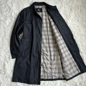 稀少Lサイズ!! バーバリーブラックレーベル『不朽の名作』 BURBERRY BLACK LABEL ステンカラーコート ノバチェック 比翼仕立て ブラック 黒