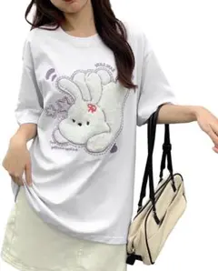 Tシャツ レディース トップス 半袖 カットソー　うさぎ　体型カバー　原宿