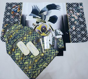 七五三 五歳 男児 羽織袴フルセット 着物 L寸 金刺繍 豪華絢爛 綸子地 白地×黒 鷹 袴変更可能 祝着 新品（株）安田屋 NO38756