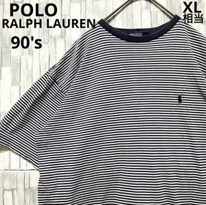  RALPH LAUREN ポロ バイ ラルフローレン 半袖 ボーダー リンガーネック Tシャツ M 刺繍ロゴ ネイビー 90s 90年代 シングルステッチ