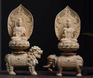 木彫りの仏像 普賢菩薩 文殊菩薩 仏教　 東洋彫刻 仏像
