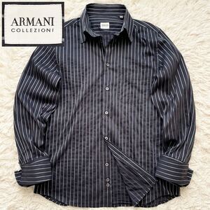 ARMANI COLLEZIONI ロングスリーブシャツ ネイビー系 ストライプ シェルボタン アルマーニコレツォーニ メンズ 長袖シャツ 薄手