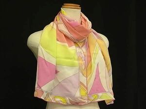 ■美品■ EMILIO PUCCI エミリオプッチ シルク100% マフラー ストール ショール レディース ピンク系×マルチカラー DE4366