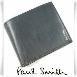 未使用1円～★ポールスミス Paul Smith 牛革レザー二つ折り財布 ウォレット かぶせ ストライプポイント2 ネイビー 正規店本物◆9383◆