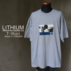 90s カナダ製 リチウム LITHIUM 霜降り 杢 グレー ピクチャー プリント 半袖 クールネック Tシャツ XL 補修あり 