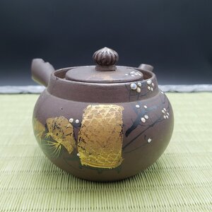 萬古焼?　小さい急須　金彩　ヒビ割れあります　煎茶道具　茶道具　茶注　急須　茶器　レトロ　時代物　骨董　美術品【60t1773】