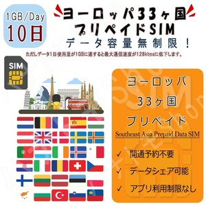 ヨーロッパ33カ国対応 海外SIM プリペイドSIM ヨーロッパ 1日1GB利用 10日間 4G LTE データ専用 海外出張 海外旅行 短期渡航