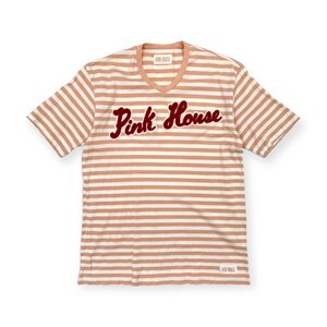 立体ロゴデザイン◆PINK HOUSE ピンクハウス Vネック ボーダー 半袖 コットン Tシャツ カットソー ワッペン サイズ L/日本製