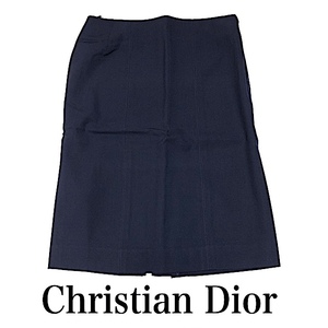 二点落札で送料無料！ C40【極美品】Christian Dior クリスチャンディオール スカート M ウール タイト ヴィンテージ ひざ丈 紺 ネイビー