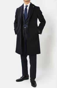 【美品】秋冬物 ラルディーニ LARDINI メンズ ウール チェスターコート 46 M ダークネイビー ヘリンボン ブートニエール付き